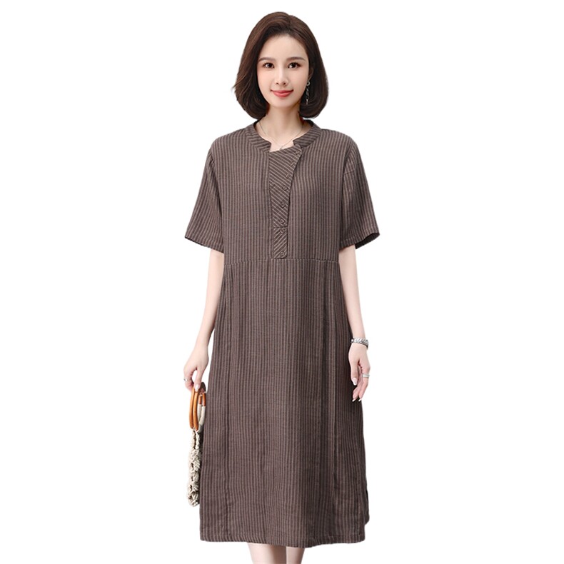 棉麻连衣裙夏季2025新款妈妈遮肚显瘦宽松a字裙亚麻裙子女中长款,女装连衣裙,叶笙衣