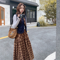 复古文艺风T恤马甲套装裙女2025秋新款格子半身裙休闲显瘦三件套，女装套装/套裙，2C325