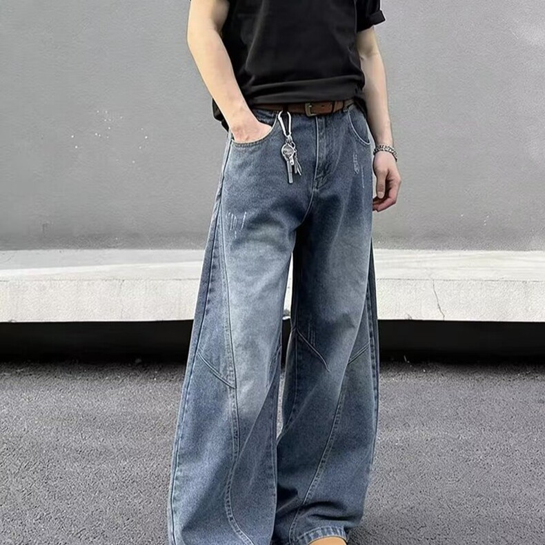 小众设计感廓形弯刀裤男美式古着做旧牛仔裤宽松显瘦休闲阔腿裤子,男装牛仔裤,星座218-8