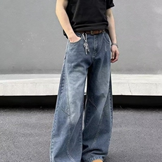 小众设计感廓形弯刀裤男美式古着做旧牛仔裤宽松显瘦休闲阔腿裤子，男装牛仔裤，星座218-8