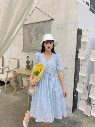 【现货】夏季新款小清新蕾丝收腰纯棉连衣裙,女装连衣裙,裴兔子