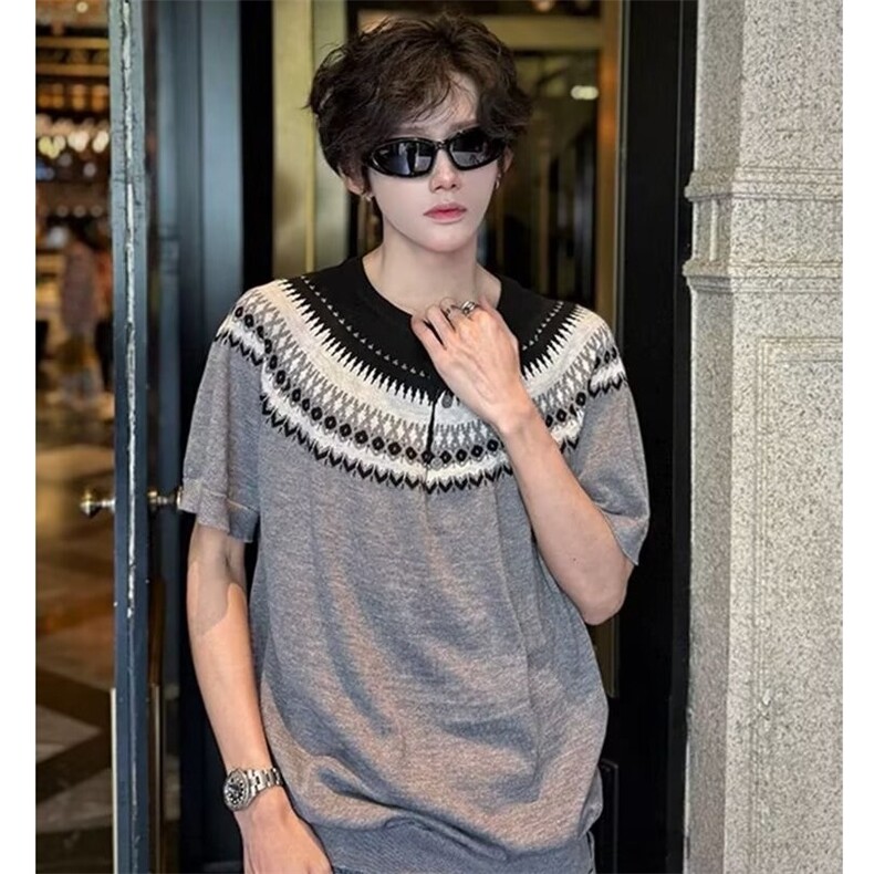 美式复古费尔岛撞色圆领短袖t恤女夏季设计感百搭亨利领针织上衣,男装T恤,星座506A