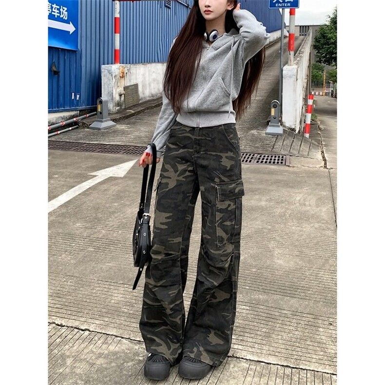 网图现货美式宽松迷彩工装直筒微喇牛仔裤K0127/P55,女装牛仔裤,星座205-3