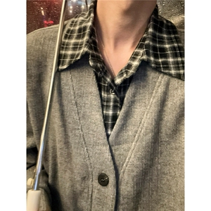 韩系假两件新款潮流拼接衬衫外套男女春秋日系开衫针织懒惰风毛衣图片