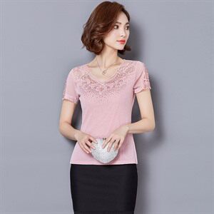 短袖 套头 修身 拼接 镶钻 镂空 圆领 纯色 2021年夏季 蕾丝衫/雪纺衫,女装蕾丝衫/雪纺衫,安之芮娜