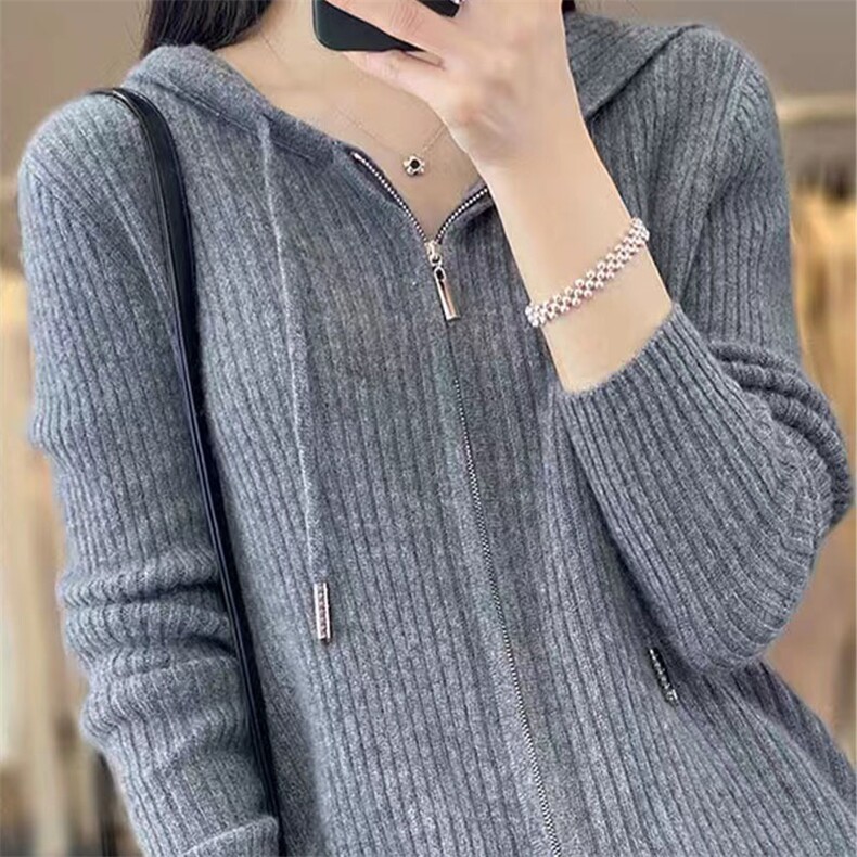 25秋冬新款100%羊毛连帽拉链开衫女羊绒针织宽松百搭坑条上衣外套,针织衫/毛衣,萱芳婷羊绒