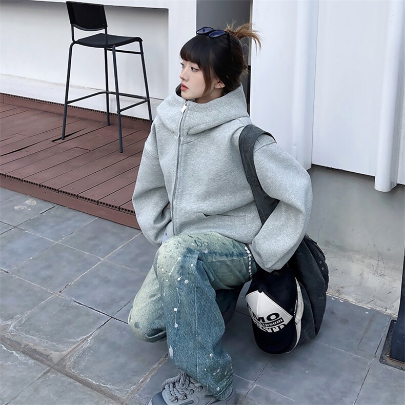 抖音得物高品质26春装美式高街重磅宽松结构高领连帽卫衣外套W60,女装短外套,电商A486