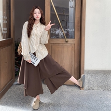 日系文艺扎染衬衫不规则阔腿裙裤套装女2025春秋新款小个子两件套，女装套装/套裙，2C007