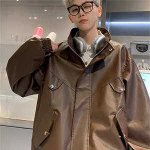 J515-P66 大码美式复古咖色机车Pu皮衣女秋季高级感宽松短款图片