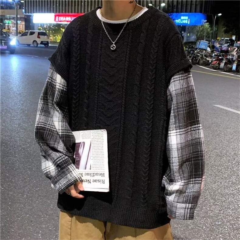 假两件毛衣男加厚格子拼接针织衫男秋冬季韩版潮流上衣M867-P44,男装针织衫/毛衣,星座512-2