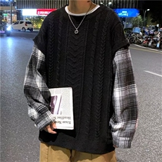假两件毛衣男加厚格子拼接针织衫男秋冬季韩版潮流上衣M867-P44，男装针织衫/毛衣，星座512-2