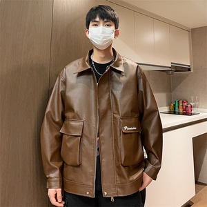 机车皮衣男春季翻领夹克工装刺绣外套潮流情侣款A266-PY007-P85图片