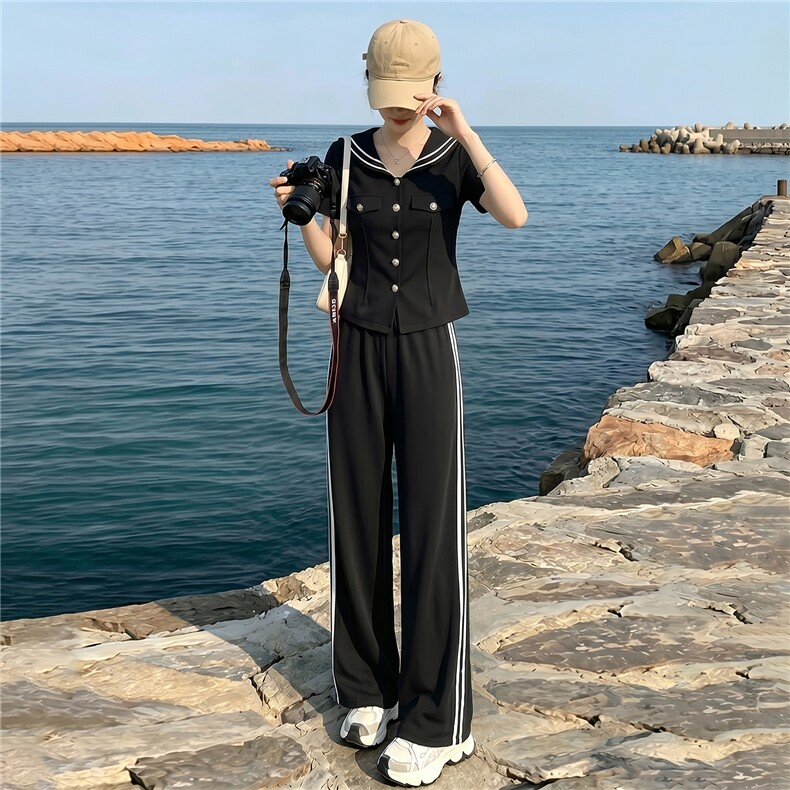 运动休闲套装女夏季新款时尚高级感修身显瘦短袖上衣直筒裤两件套，女装套装/套裙，江南