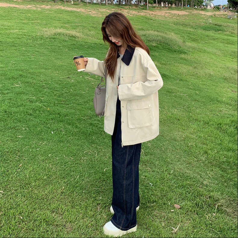 撞色翻领休闲工装外套女春秋2025新款小个子流行爆款漂亮超火上衣,女装短外套,2D014