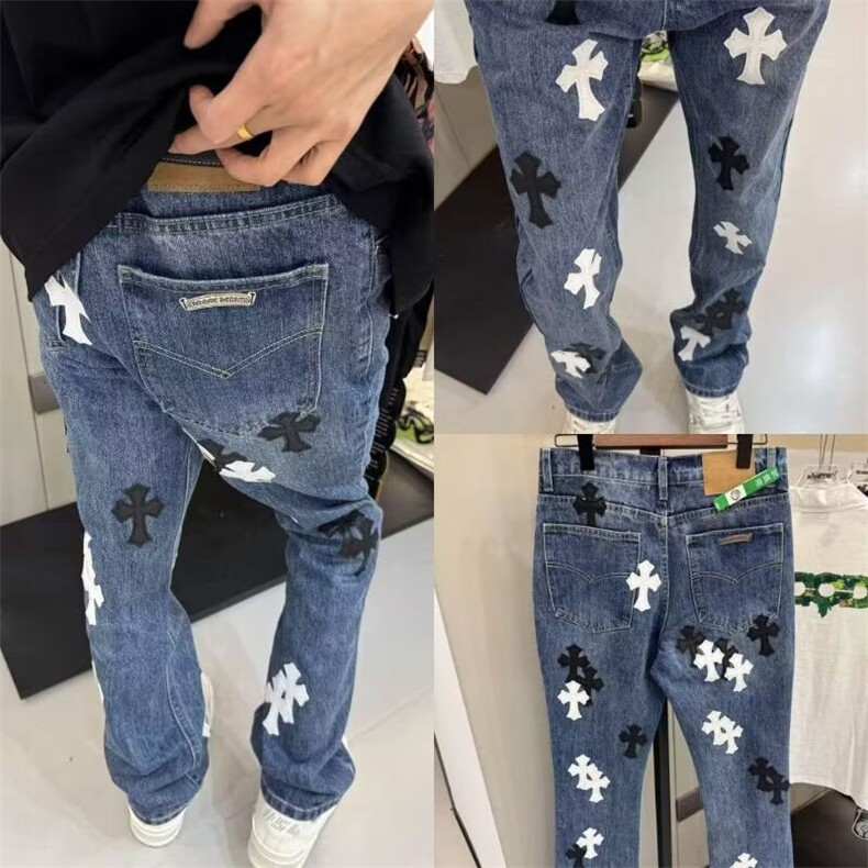 新款潮十字架梵文贴皮水洗牛仔裤男女宽松高街直筒长裤AMS31P68，男装皮裤，星座1013-5