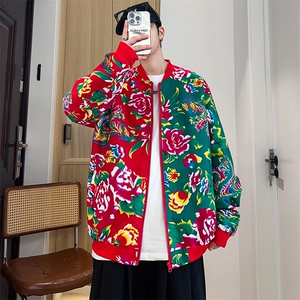 J01男女棒球领夹克外套东北大花汉服开衫左右拼接撞色潮男女图片