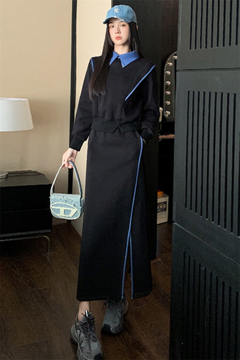 女春季撞色拼接收腰卫衣开叉半身裙两件套,女装套装/套裙,江南