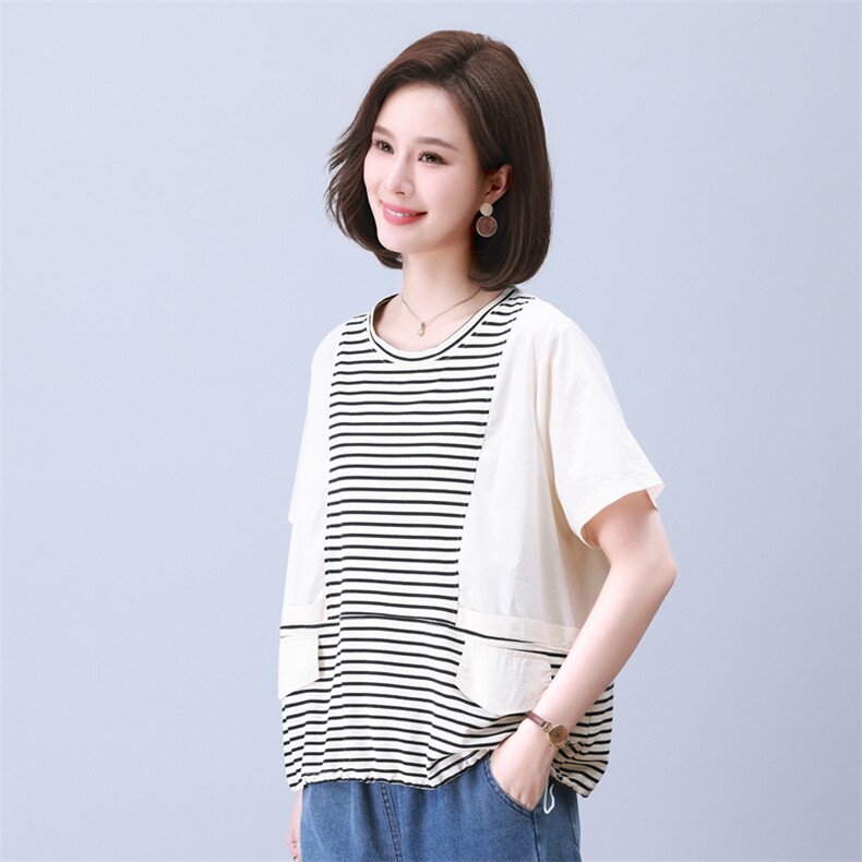 时尚宽松拼接条纹短袖T恤女夏季新款韩版百搭显瘦休闲上衣,女装衬衫,叶笙衣