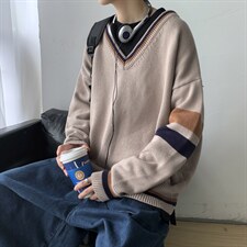 21秋装港风针织衫V领长袖毛衣DK宽松制服学生慵懒风中性W08/P65，男装针织衫/毛衣，钱塘713