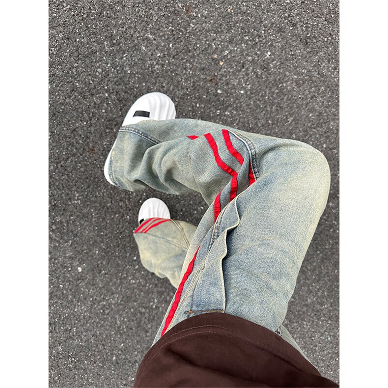 【网图有货】三条杠条纹牛仔裤男宽松直筒裤子G8512PP-特P55,男装牛仔裤,星座1007（原301D）