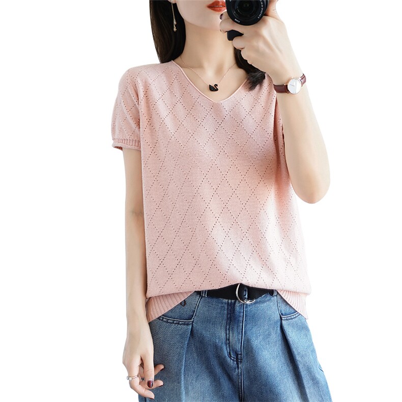 100%棉线短袖针织衫女V领套头镂空勾花半袖打底T恤衫全棉线背心薄,女装T恤,彩羽羊绒