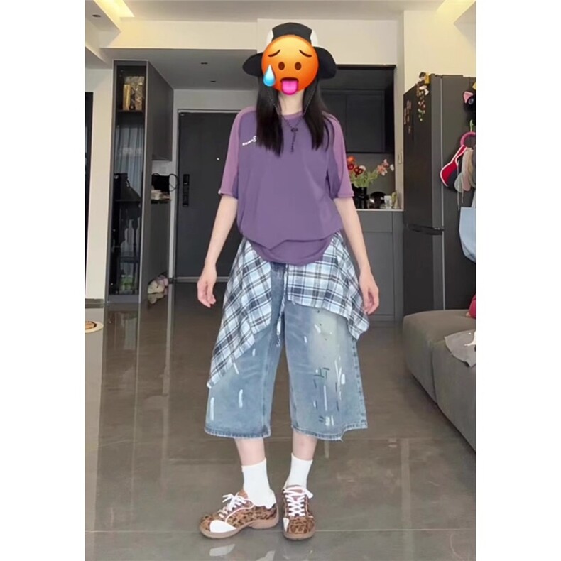 大码撞色泼墨牛仔短裤女2025夏季新款高腰慵懒感显瘦通勤七分裤子,男装牛仔裤,星座506A