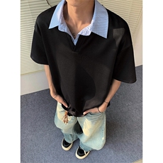 特批P30无差价夏季美式假两件条纹翻领大码短袖T恤上衣男T5134，男装T恤，电商A001-1