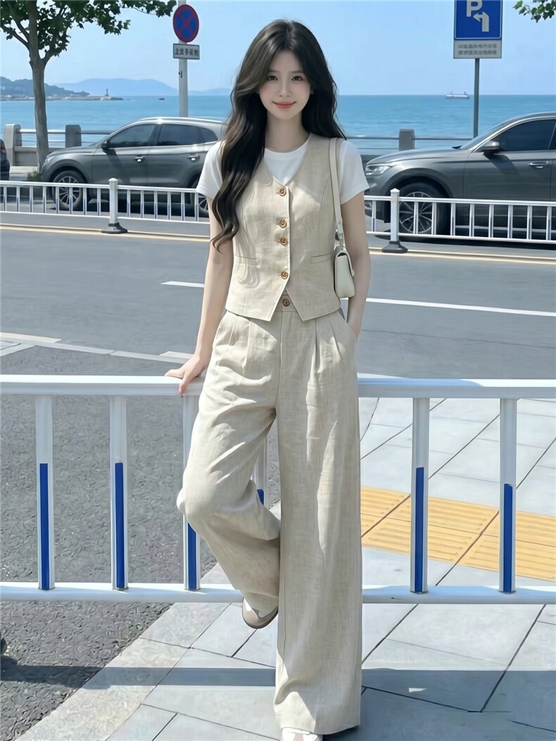 韩版休闲运动套装女款圆领纽扣马甲上衣内搭白色T恤阔腿裤三件套,女装套装/套裙,江南