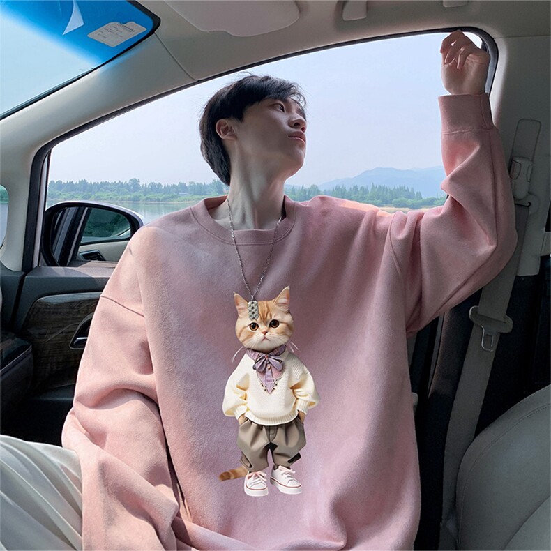 抖音得物高品质日系猫咪麂皮绒宽松圆领卫衣wyjp4048-特p35控69,男装卫衣,星座605(原A050)