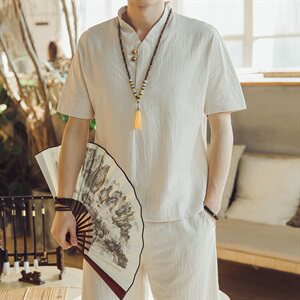 DY10*2021夏季男士棉麻短袖T恤套装阔腿裤两件套装男 灰蓝 *P55图片