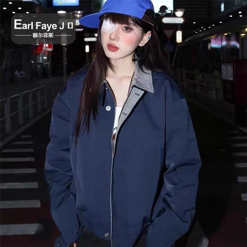 复古格纹拼接假两件棉服外套男女春秋季新款保暖棒球服夹克翻领,男装夹克,星座506A