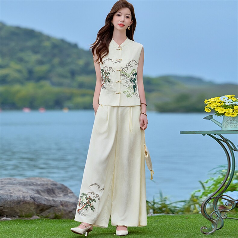 在仓~2026夏季无袖两件套宽松型纽扣时尚阔腿裤刺绣山水马甲薄款,女装套装/套裙,新依时派