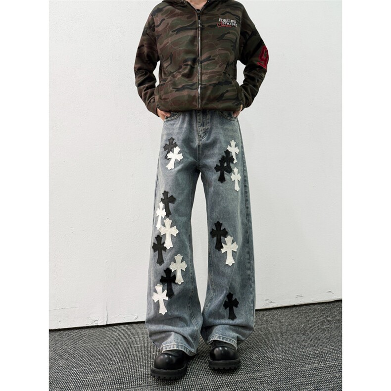 美式复古贴皮牛仔裤潮流宽松休闲直筒裤，男装皮裤，星座410-6（原星座1304-1）