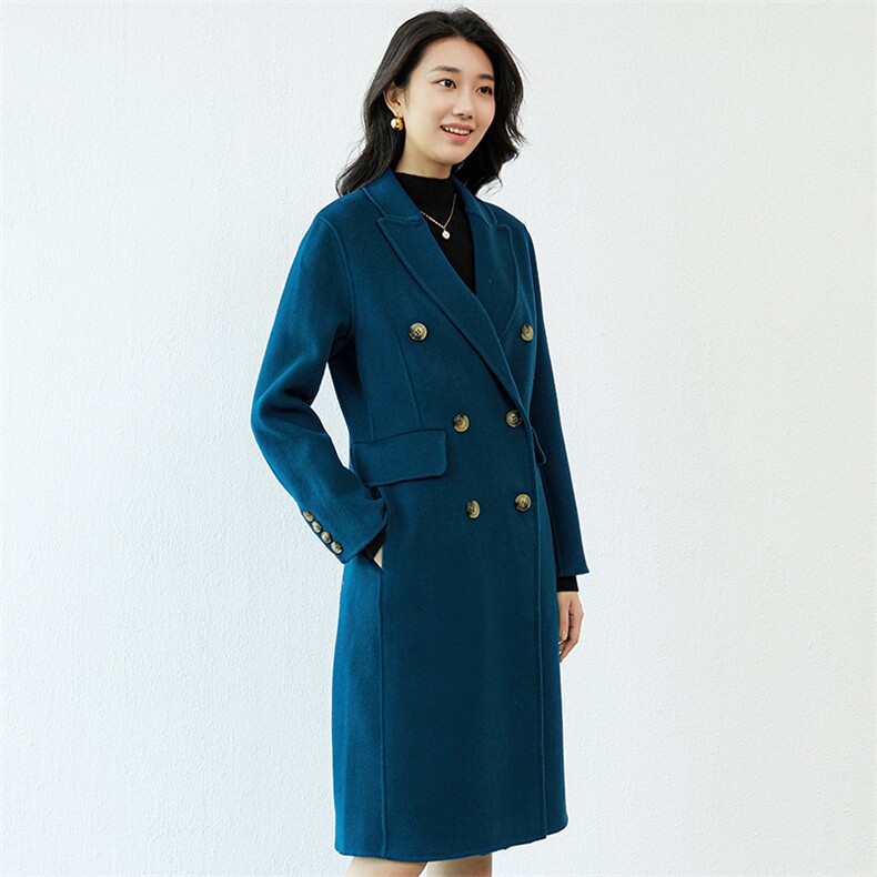 长袖西装领纯色2024年冬季双排扣时尚羊毛外套,女装毛呢外套,高哲羊绒