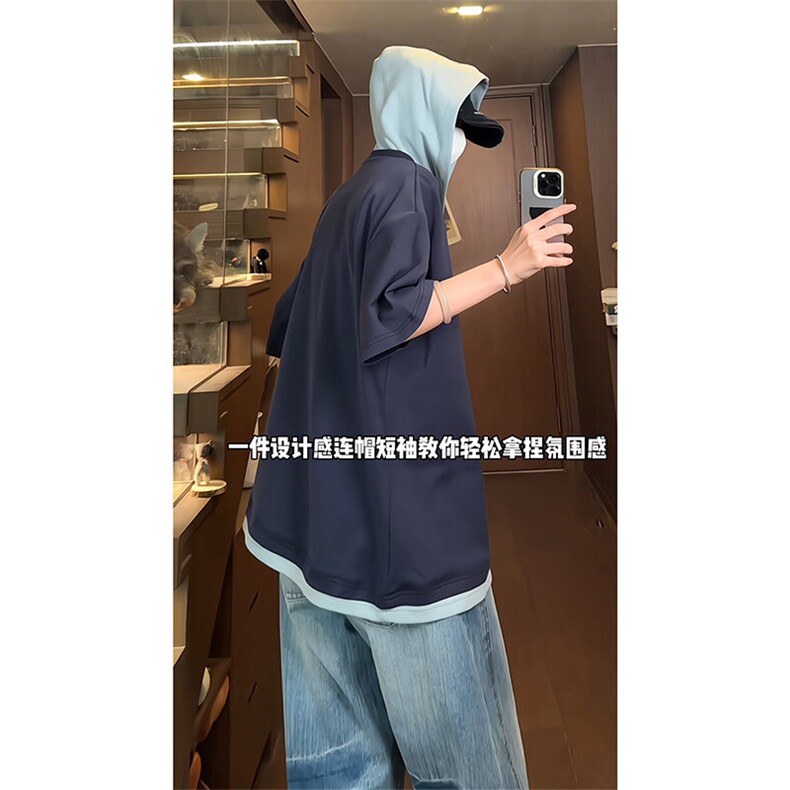 假两件V领宽松休闲连帽短袖上衣日系时尚重磅高品质面料HY733P45,男装T恤,电商A102B
