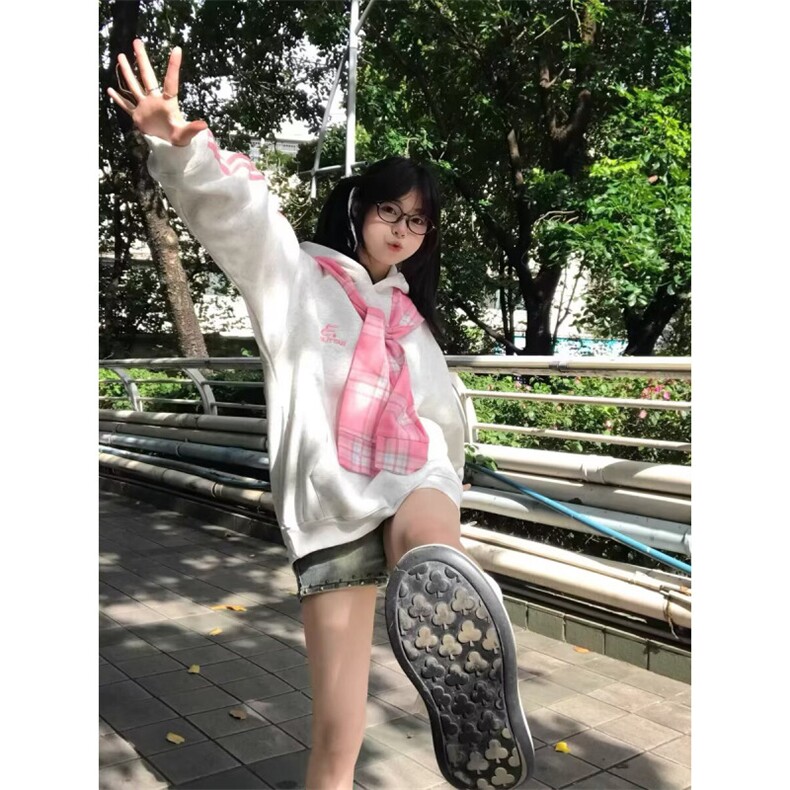 W10436-P53网图现货美式复古可拆卸格子披肩连帽卫衣宽松外套,女装短外套,星座1608