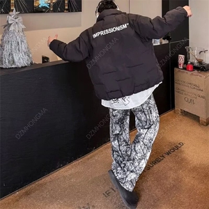 美式小众彩印泼墨油画调色阔腿牛仔裤休闲裤男涂鸦宽松弯刀直筒裤图片