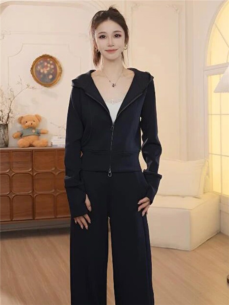 运动休闲时尚套装女春季新款高级感拉链开衫连帽卫衣直筒裤两件套,女装套装/套裙,江南
