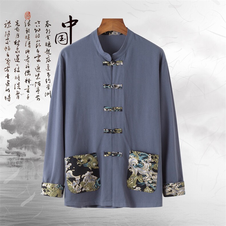 T78*中国风男士棉麻龙纹绣花唐装麻料长袖衬衫练功服藏青*P65,男装衬衫,星座1516（原B303）