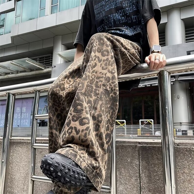 美式复古豹纹牛仔裤男青少年夏季新款工装裤高个子窄版直筒长裤潮,男装牛仔裤,星座1013