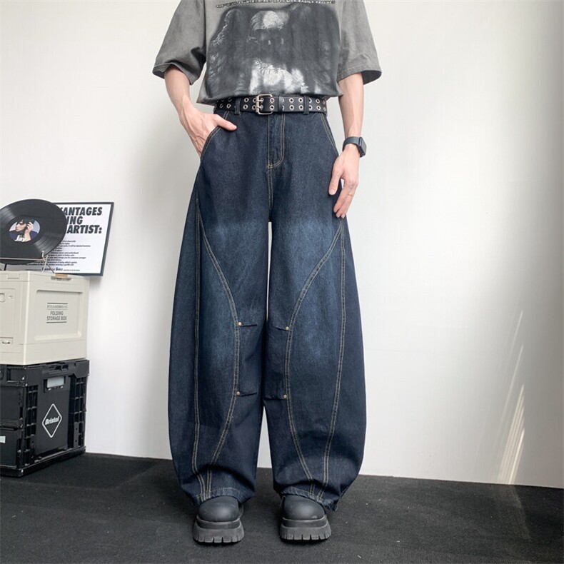 美式复古水洗弯刀牛仔裤潮流夏季新款设计感休闲阔腿裤图片
