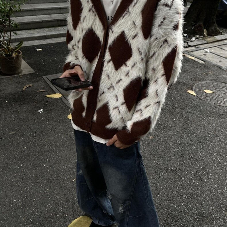 美式秋冬V领开衫针织衫男女风格慵懒风格覆古情侣宽松针织衫夹克图片