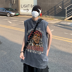 B239-1277-P38夏季水洗做旧 背心/马甲 美式复古人像印花 无袖T恤图片