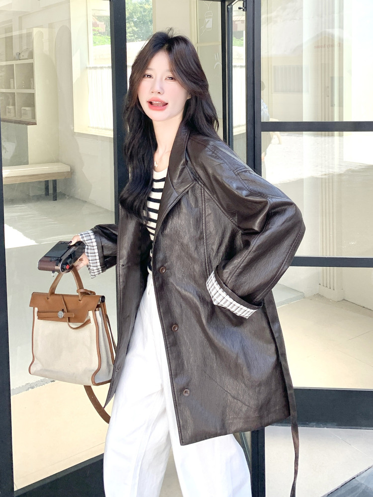 中长款皮衣风衣女2025秋季新款小个子气质复古休闲PU皮外套,女装皮衣,秀美人生
