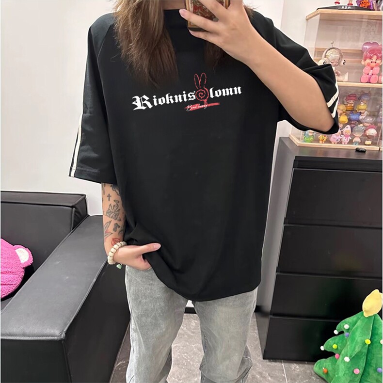 抖音得物高品质二开240克宽松纯棉美式潮牌三条杠织带短袖T恤，男装T恤，电商A486-1