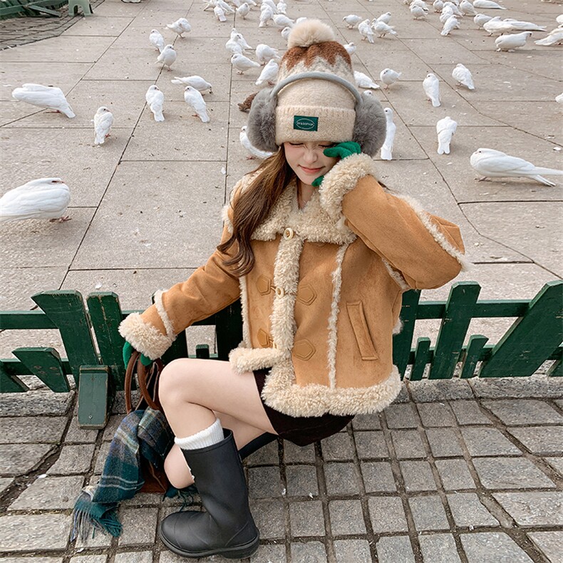 冬麂皮绒毛毛短外套加绒加厚冬新款仿皮毛一体羊羔毛棉服,女装羊羔毛/颗粒绒,诺蝶