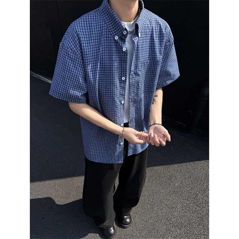 特批P30无差价夏季百搭休闲格子设计男潮流宽松短袖衬衫CD5495,男装衬衫,电商A001