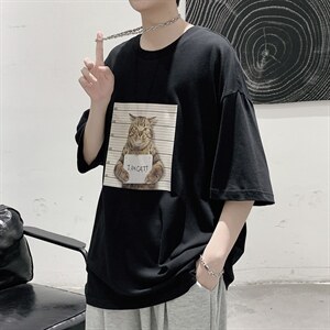韩系素简监狱猫印花短袖T恤大码宽松男潮517A-1-T916-P28控38图片