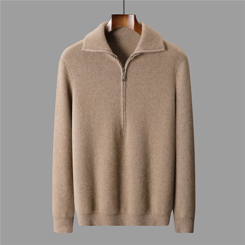 2025秋冬百搭时尚简约翻领拉链元宝针，男装羊绒套衫，盛欣羊绒