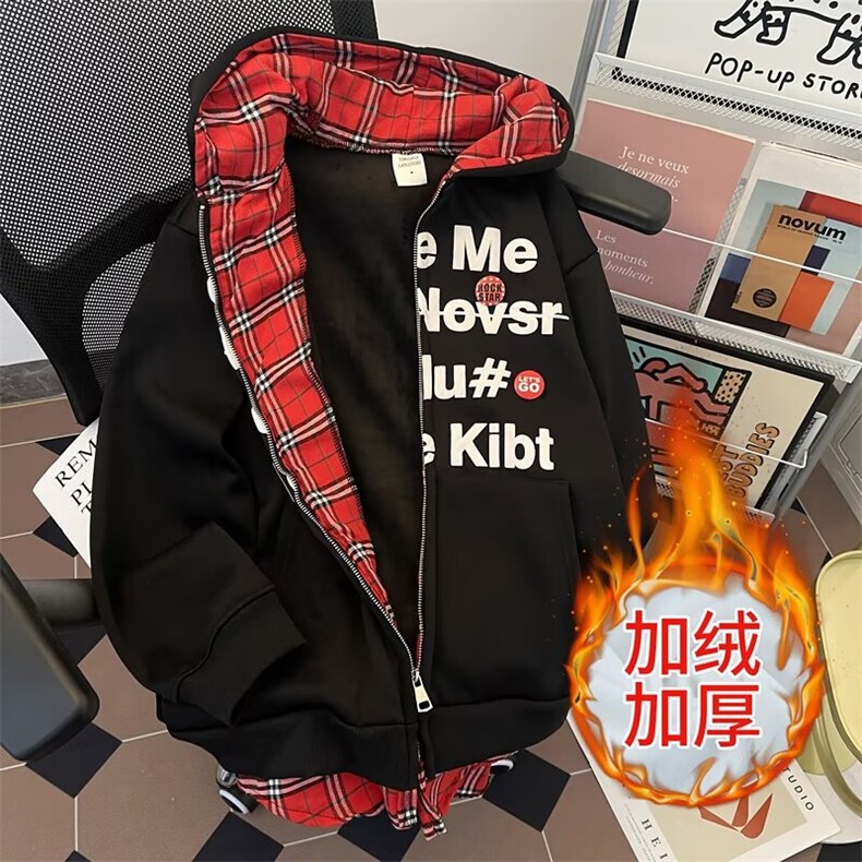 2025春秋美式复古宽松潮牌字母印花连帽加绒拉链开衫卫衣外套男,男装卫衣,星座506B